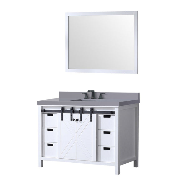 English Elm White Bath Vanity Set With 48" Cabinet, Grey Quartz Top, Matte Black Faucet & 44" Mirror For Elegance B2731S01277-GIGA
