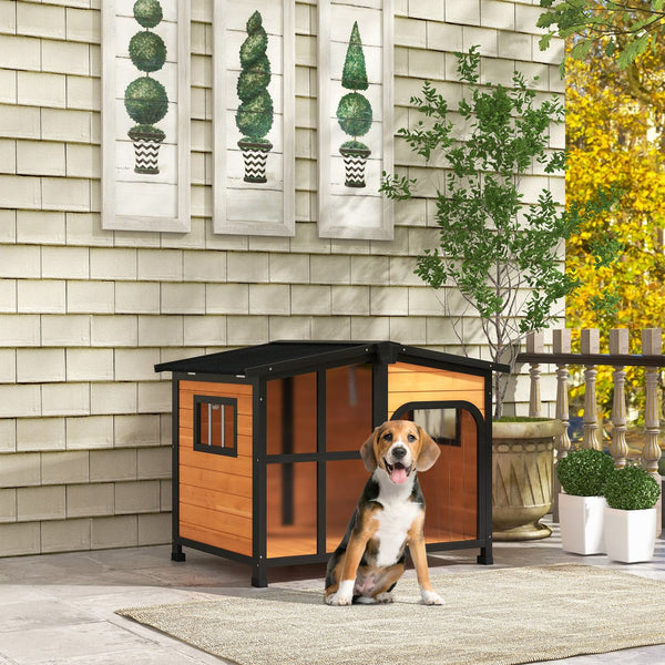 English Elm Pawhut Cabin Style Wooden Outdoor Dog House with Asphalt Roof and Openable Top W2225P249729