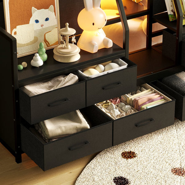 English Elm Twin Low Loft Bed with Shelves Fabric Drawers and Under Bed Study Nook Metal Frame Black W5305S00043