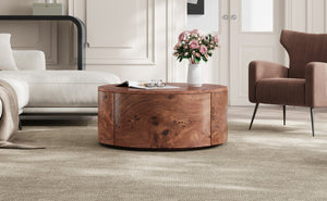 English Elm Burl Veneer Round Coffee Table Swivel Top Two Drawers Walnut Living Room N735P387206D