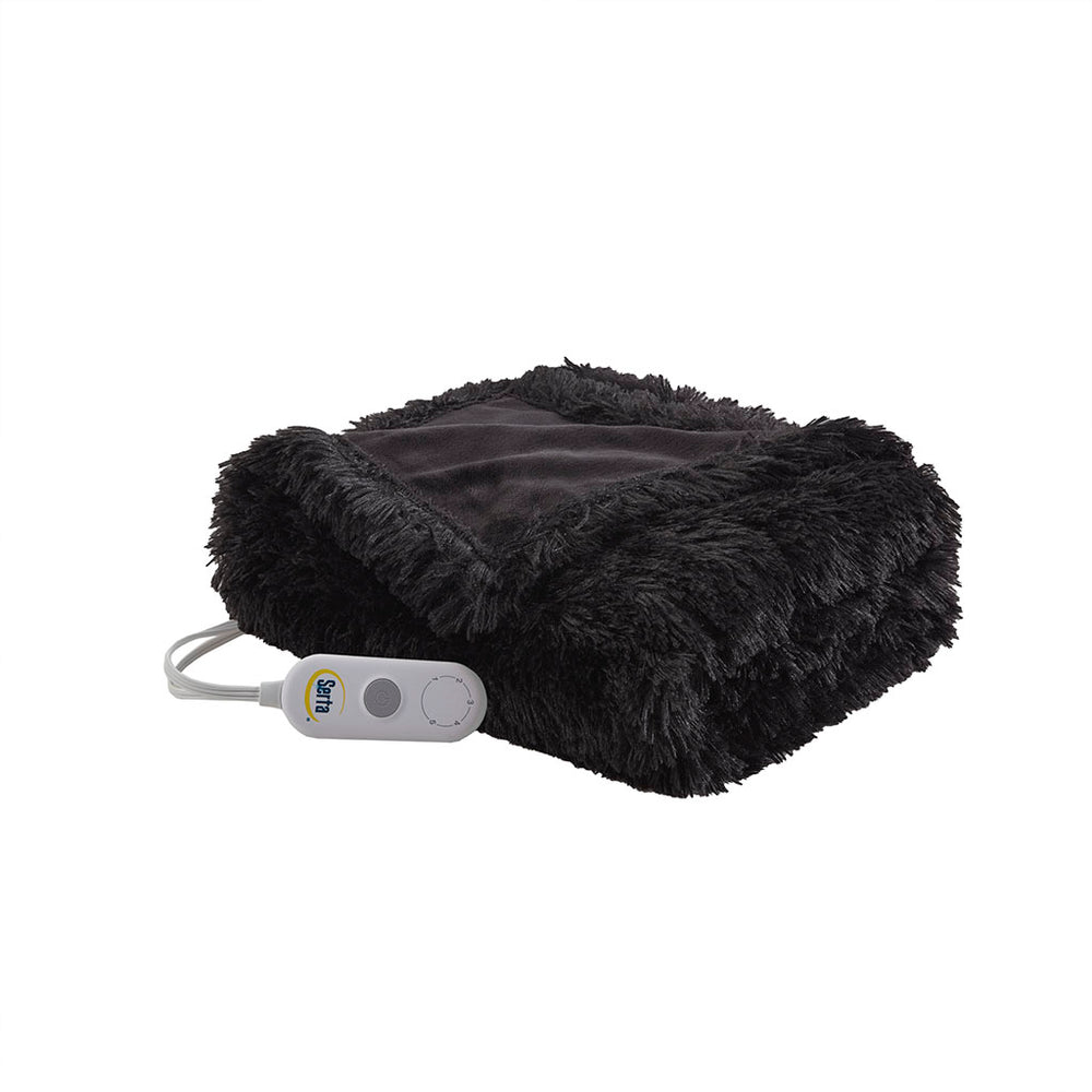 JLA Home Serta - Shaggy Serta Malea Faux Fur Heated Throw with 5 Heat Levels, 3HR Auto Shut-Off, Plush Dual-Sided Comfort Black ST54-0153