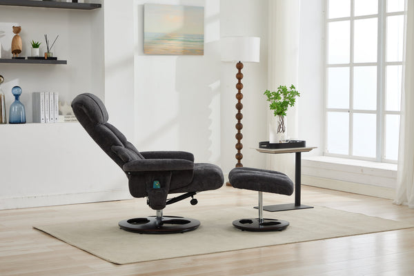 English Elm 010-Recliner Modern Dark Grey Chenille Swivel Lounge with Ottoman, Heated Seat, 5-Point Vibe Massage, 140° Recline, 250lb Capacity W2636P358627