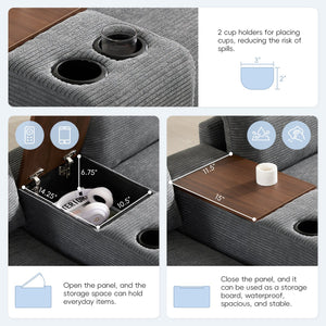 English Elm 139'' U-shaped Corduroy Sectional with Ottoman Console Usb Port and Cup Holders for Living Gray N723S1166E