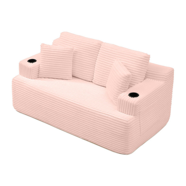 English Elm Boneless Floor Sofa Corduroy Upholstered 5 Seat Low Profile with Cup Holders for Living Room Pink W1117S00431