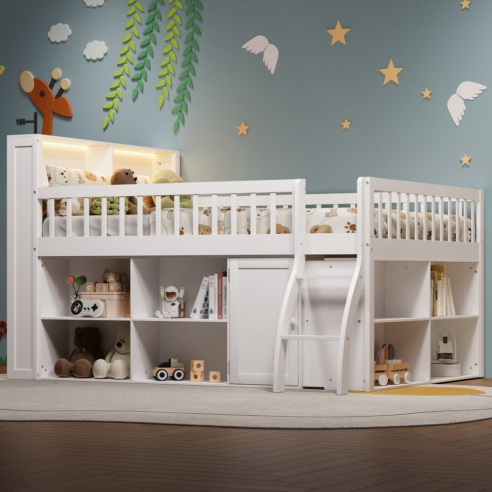 English Elm Full Size Kids Loft Bed with Led Headboard Open Shelving and Natural Wood Frame White N7090005024K