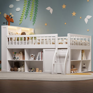English Elm Full Size Kids Loft Bed with Led Headboard Open Shelving and Natural Wood Frame White N7090005024K