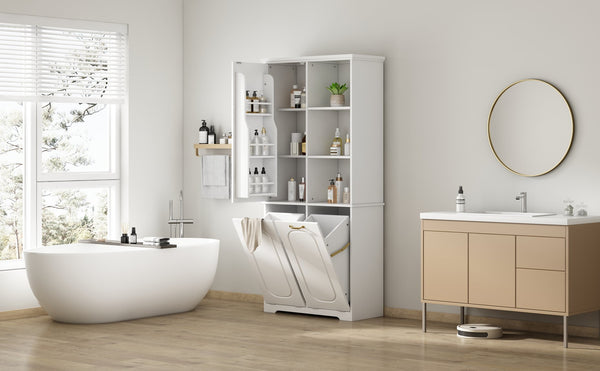 English Elm [video] Freestanding 68 Inch Tall Storage Cabinet with Tilt Out Hampers and Soft Close Door White N759S427900K
