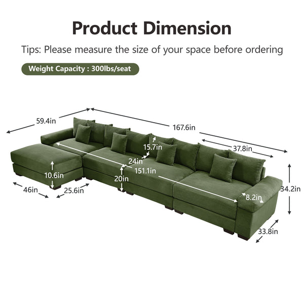 English Elm 170"Oversized Cloud Modular L-Shape Sectional Couch - Plush Corduroy, Ergonomic, 12 Pillows, Green W714S01336