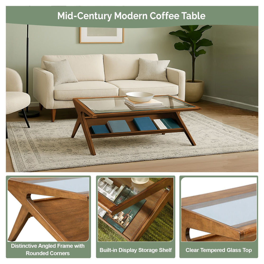 English Elm Wood and Tempered Glass Mid-century Coffee Table with Open Shelf for Living Room B035P408395