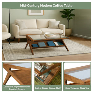 English Elm Wood and Tempered Glass Mid-century Coffee Table with Open Shelf for Living Room B035P408395