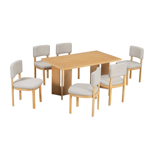 English Elm Trexm Farmhouse Six Seat Dining Set Oak Veneer Distressed Table Upholstered Chairs Natural Wood Wash ST000153AAD