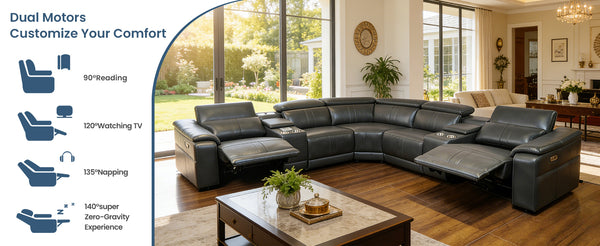 English Elm Power Reclining Sectional with Bluetooth Audio Led Lighting and Wireless Charging Tech Leather Dark Grey W3795S00020