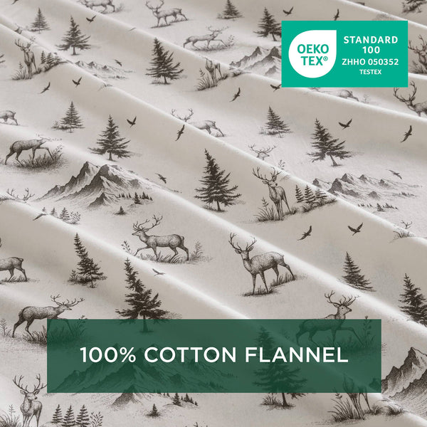 English Elm 3 Pcs Cozy Twin Sheet Set - Gray Deer Toile Pattern, Soft 100% Cotton Flannel For Year-Round Comfort B035P319771