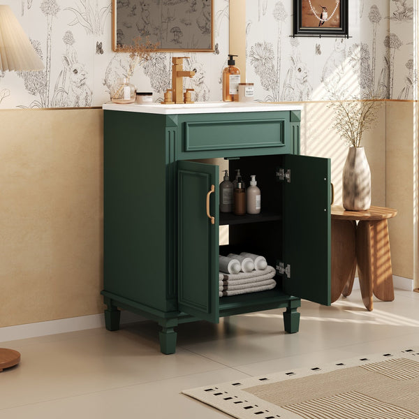 English Elm 24'' Bathroom Vanity with Sink - Solid Wood Frame, Glossy Ceramic Basin, Soft-Close Doors & Ample Storage Elegant Modern Design, Durable MDF Construction, Retro Metal Handles, Compact 24-inch Cabinet Green N710P317675F