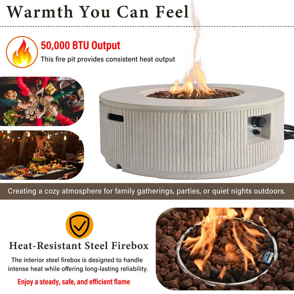 English Elm U_style Round Mgo Propane Fire Pit 50000 Btu Sculptural Outdoor Patio Table with Lava Rocks Beige N711P410549A
