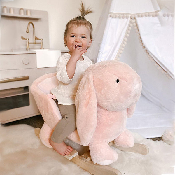English Elm Qaba Bunny Rocker Toddler Ride on with Velvet Plush Carrot Toy and Realistic Sounds W2225P217686