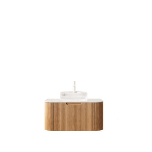 English Elm Muri Floating Bathroom Vanity Plywood Cabinet Sintered Stone Top Oak Drawer Carrara White,Natural Wood,Transparent W2615S00445