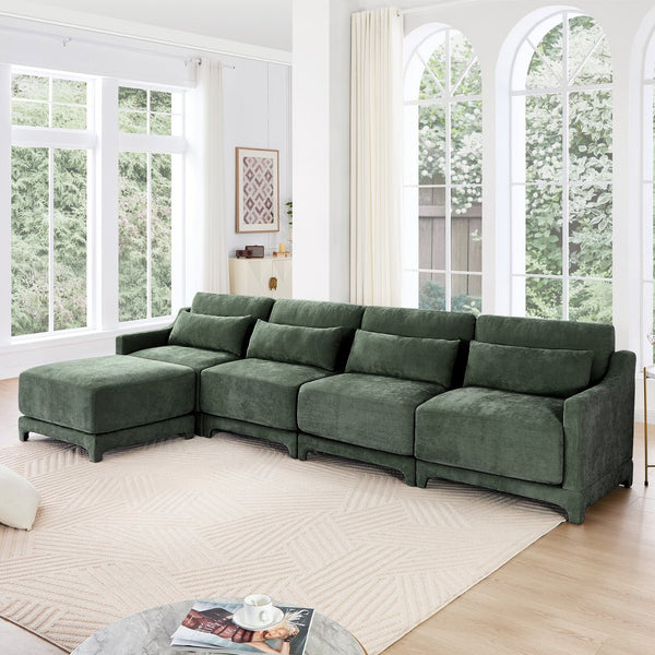 English Elm Four-Seater Sofa With Movable Ottoman - Elegant Green Chenille, Ergonomic Design & Easy Assembly W714S01221