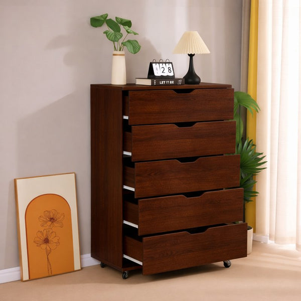 English Elm 5 Drawer Rolling Chest Distressed Finish Mobile Bedroom Storage Cabinet on Caster Wheels Dark Brown B372P444033