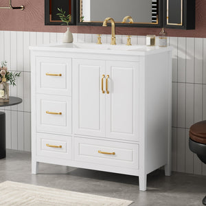 English Elm Christopher Knight Home® - 36" Freestanding Bathroom Vanity with Resin Sink, Soft-Close Doors & Drawers, Gold Alloy Handles, Spacious Storage and Easy Plumbing Access White N759P292552K