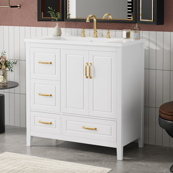 English Elm Christopher Knight Home® - 36" Freestanding Bathroom Vanity with Resin Sink, Soft-Close Doors & Drawers, Gold Alloy Handles, Spacious Storage and Easy Plumbing Access White N759P292552K