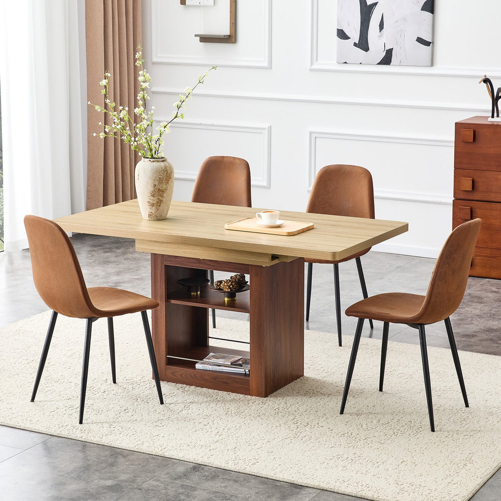 English Elm Scalable Extendable Dining Set Wood Grain Table with Tech Fabric Chairs Modern Luxe W1151S04669