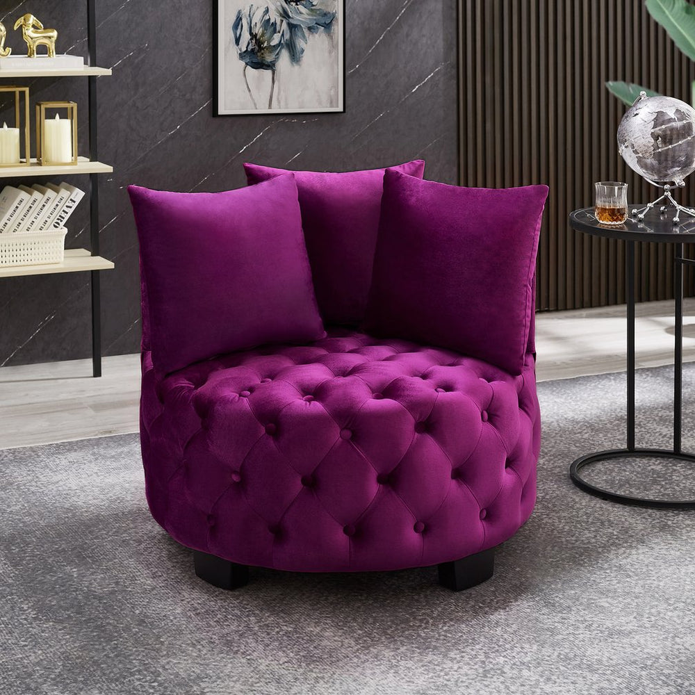 English Elm Contemporary Barrel Accent Chair Tufted Velvet Upholstery Curved Arms Living Room Violet W2186P280246