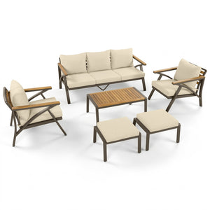 English Elm 6-piece Outdoor Conversation Set with Acacia Wood Accents and Steel Frame Patio Seating Brown,Cream Beige N704G201256A