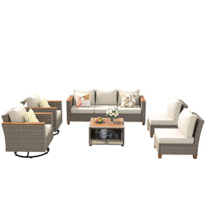 English Elm K&K 8-Piece Wicker Patio Set with 360° Swivel Rockers, Acacia Storage Table, Durable Cushions Beige+Brown N707S000016Z