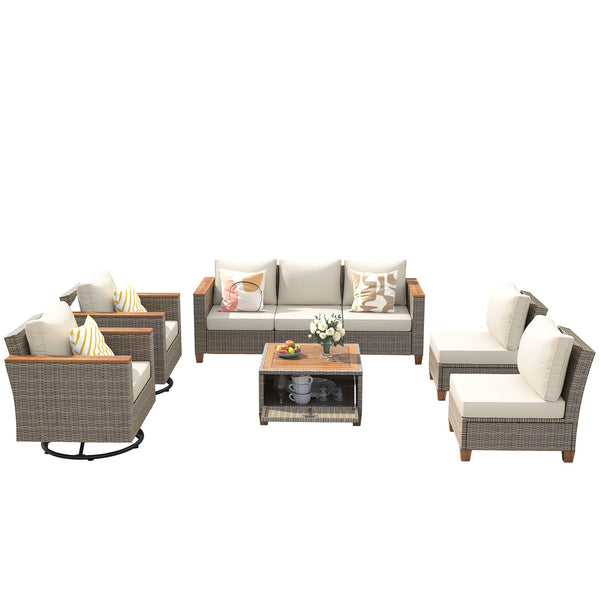 English Elm K&K 8-Piece Wicker Patio Set with 360° Swivel Rockers, Acacia Storage Table, Durable Cushions Beige+Brown N707S000016Z