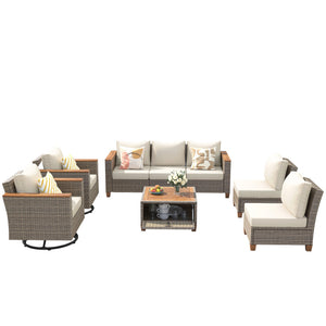 English Elm K&k 8 Piece Outdoor Wicker Sectional Set with Swivel Rockers and Acacia Storage Table Beige+Brown N707S005016Z