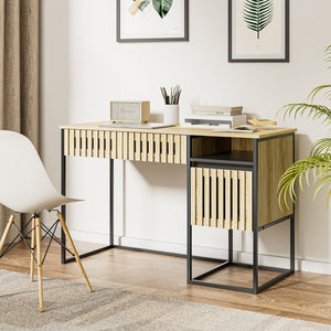 English Elm Fluted,Desk,Computer sleek natural+black slatted storage desk with 2 drawers & cabinet, MDF metal frame, versatile modern workspace solution W2673P209539
