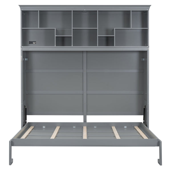 English Elm Queen Murphy Wall Bed Cabinet with Integrated Shelves Usb Charging Space Saving Design Gray LP006668AAE-1