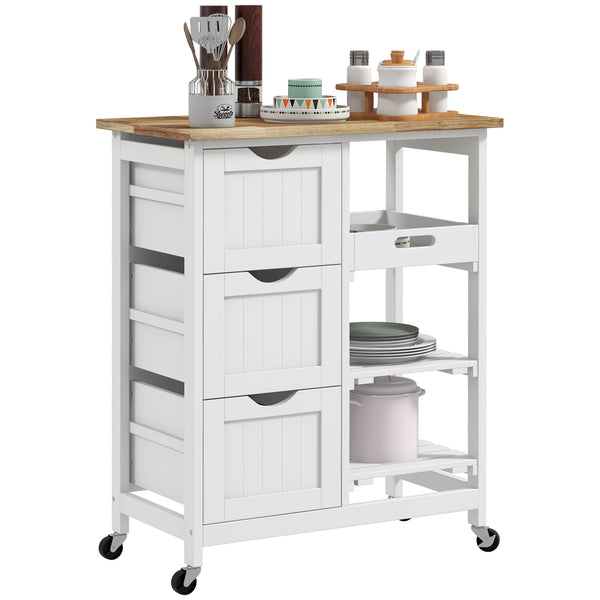 English Elm HOMCOM Rolling Kitchen Island Cart with Butcher Block, 3 Drawers, Removable Tray & Wheels W2225P173895
