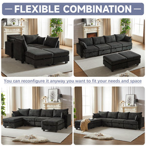 English Elm 113.5'' Modular Sectional Sofa with Storage Ottoman, Convertible U or L Shape Sleeper for 6 Seats Black W834S00250