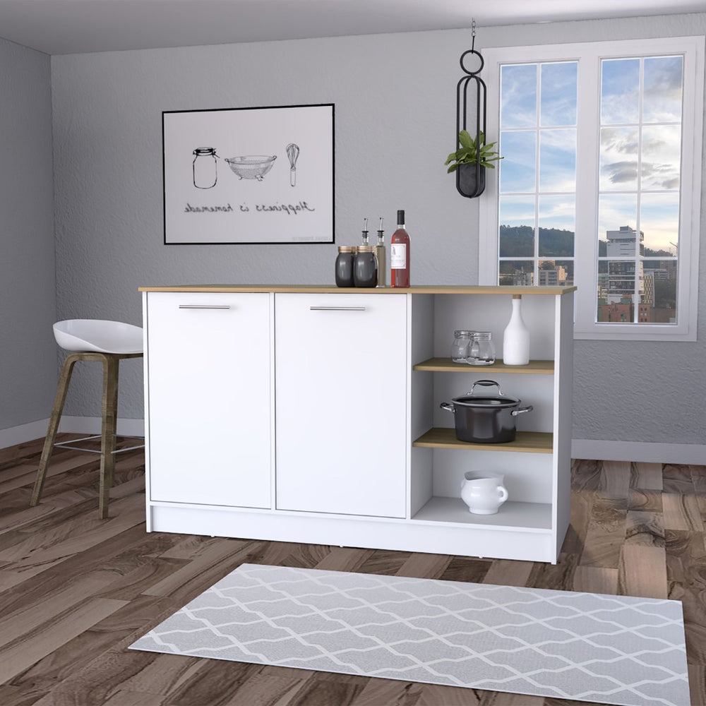 English Elm White 2-Door Kitchen Island With Open Shelves - Modern Storage & Prep Space In Marquez Finish B062S00559-GIGA