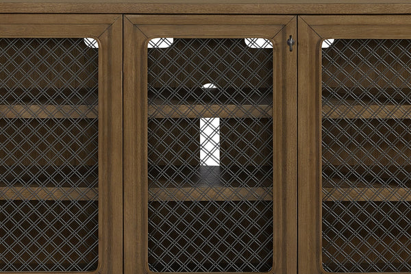 English Elm 84" Hickory Veneer Console with Metal Mesh Doors Transitional Living Room Credenza B2699P443195