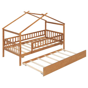 English Elm Twin House Bed with Trundle Solid Pine Frame Walnut Kids Bedroom Sleepover N708P357115L