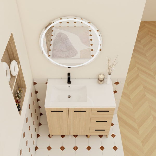 English Elm 36" Floating Bathroom Vanity Light Oak Modular Cabinet with Gel Coat Integrated Sink W3450S00098