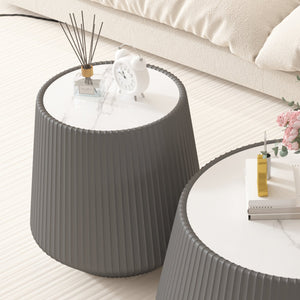 English Elm Light Sintered Stone Top Round Coffee Table with Leather Drum Base for Living Room Grey W3081P367593