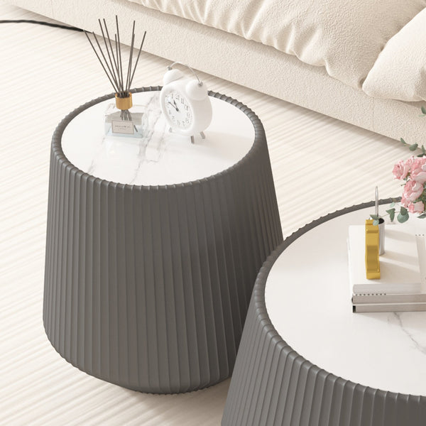 English Elm Light Sintered Stone Top Round Coffee Table with Leather Drum Base for Living Room Grey W3081P367593