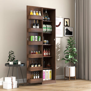English Elm Kitchen Pantry Cabinet Walnut Tall Freestanding Storage with Shelves and Doors W331P426747