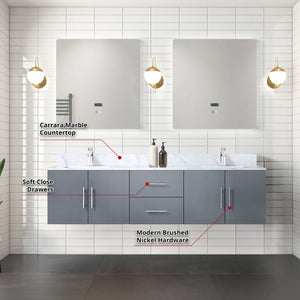 English Elm Dark Grey Double Bath Vanity 72 in with Carrara Marble Top, Chrome Faucet, 30in LED Mirrors, Durable Finish B2731S01045