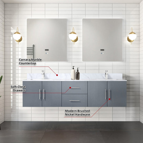 English Elm Dark Grey Double Bath Vanity 72 in with Carrara Marble Top, Chrome Faucet, 30in LED Mirrors, Durable Finish B2731S01045