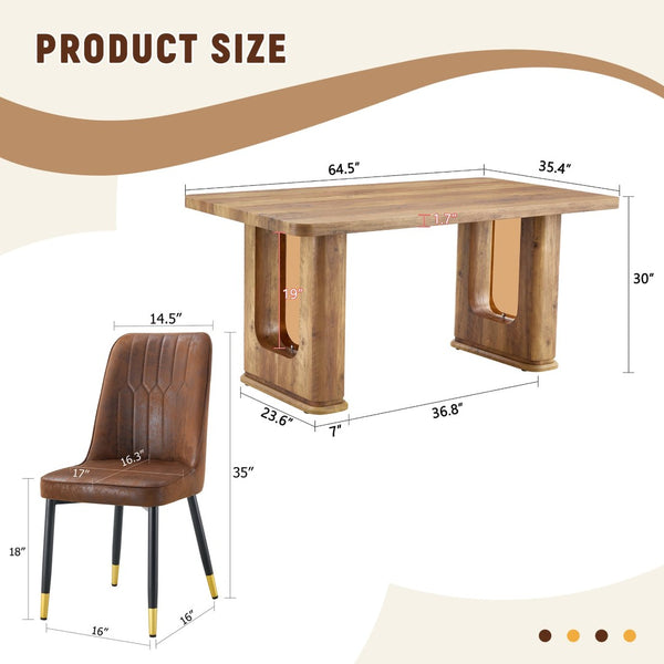 English Elm Table Set: Stylish 64.5" Wood-Textured Dining Table With 4 Brown Techno-Fabric Chairs For Modern Homes W1151S03576-GIGA