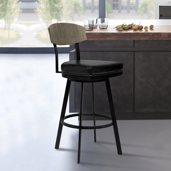 English Elm Frisco Mid-century Swivel Barstool Faux Leather Seat Walnut Wood Back Metal Base B2736P464879