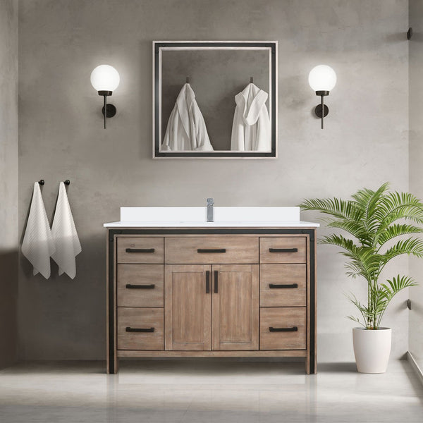 English Elm Rustic Barnwood 48" Bath Vanity with White Quartz Top, Soft-Close Drawers, Mirror & Ample Storage B2731S00807