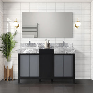 English Elm Black Double Bath Vanity 55" W With Castle Grey Marble Top, Chrome Faucet & 53" Mirror Included B2731S01028