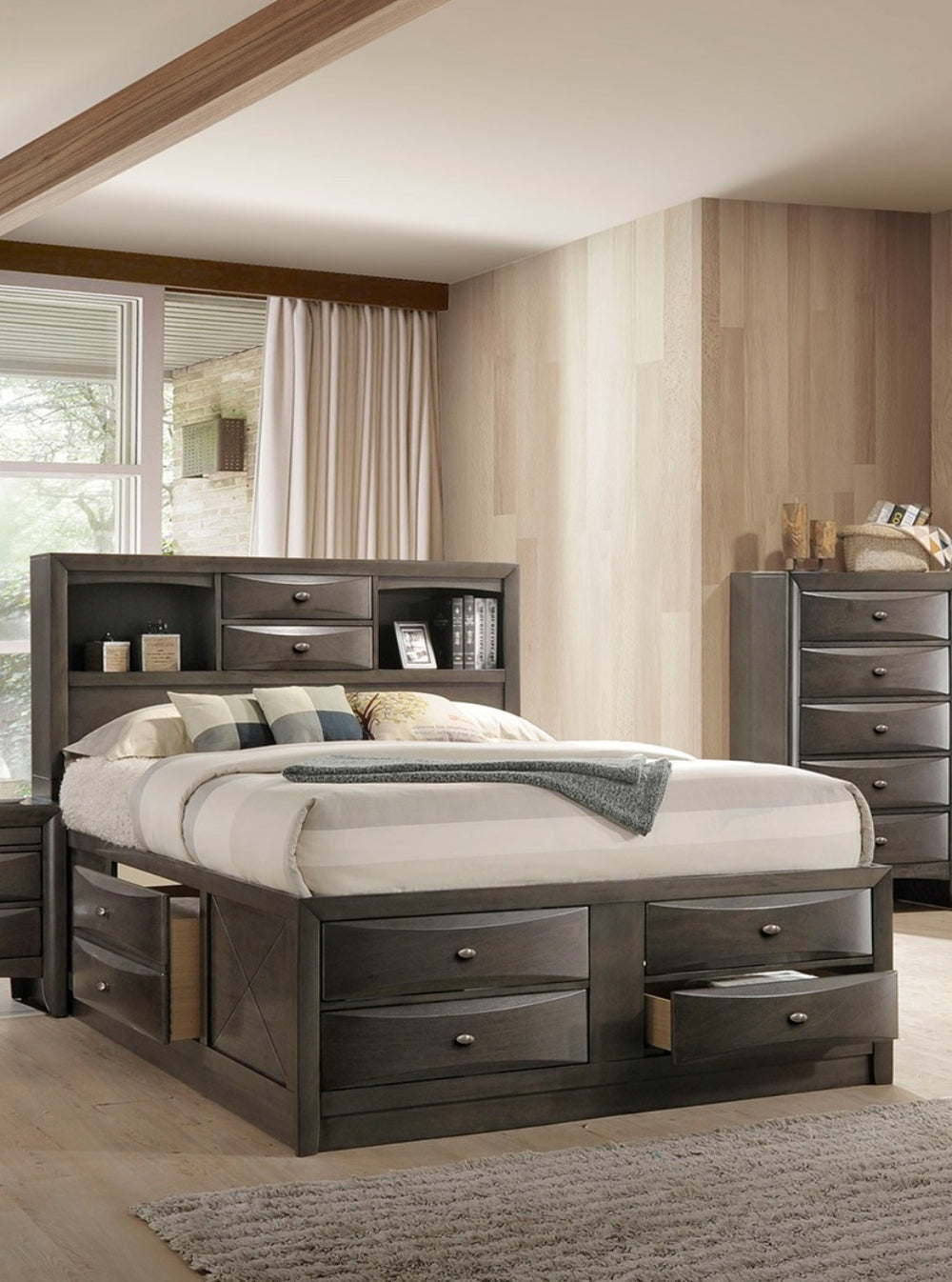 English Elm Contemporary Full Size Bed With Storage Drawers & Headboard Bookcase In Gray For Modern Bedrooms B2741S00563