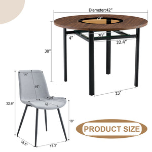 English Elm Table and Chair Set 42 Inch Round Wood Grain Dining with 4 Linen Cushioned Seats Brown+Black,Light Gray W1151S04485